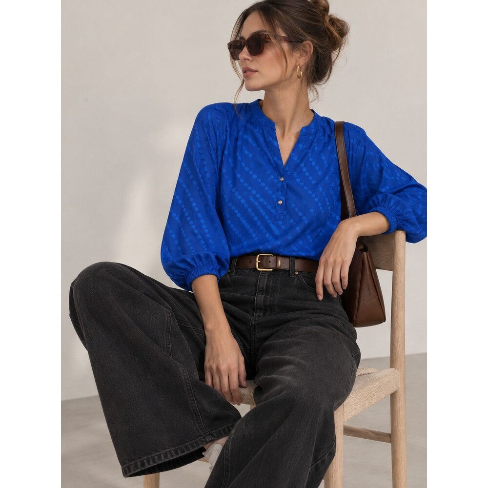 Karl Lagerfeld Paris Women XS Blue Jacquard Blouse 3/4 Sleeve Tunic Dressy Top